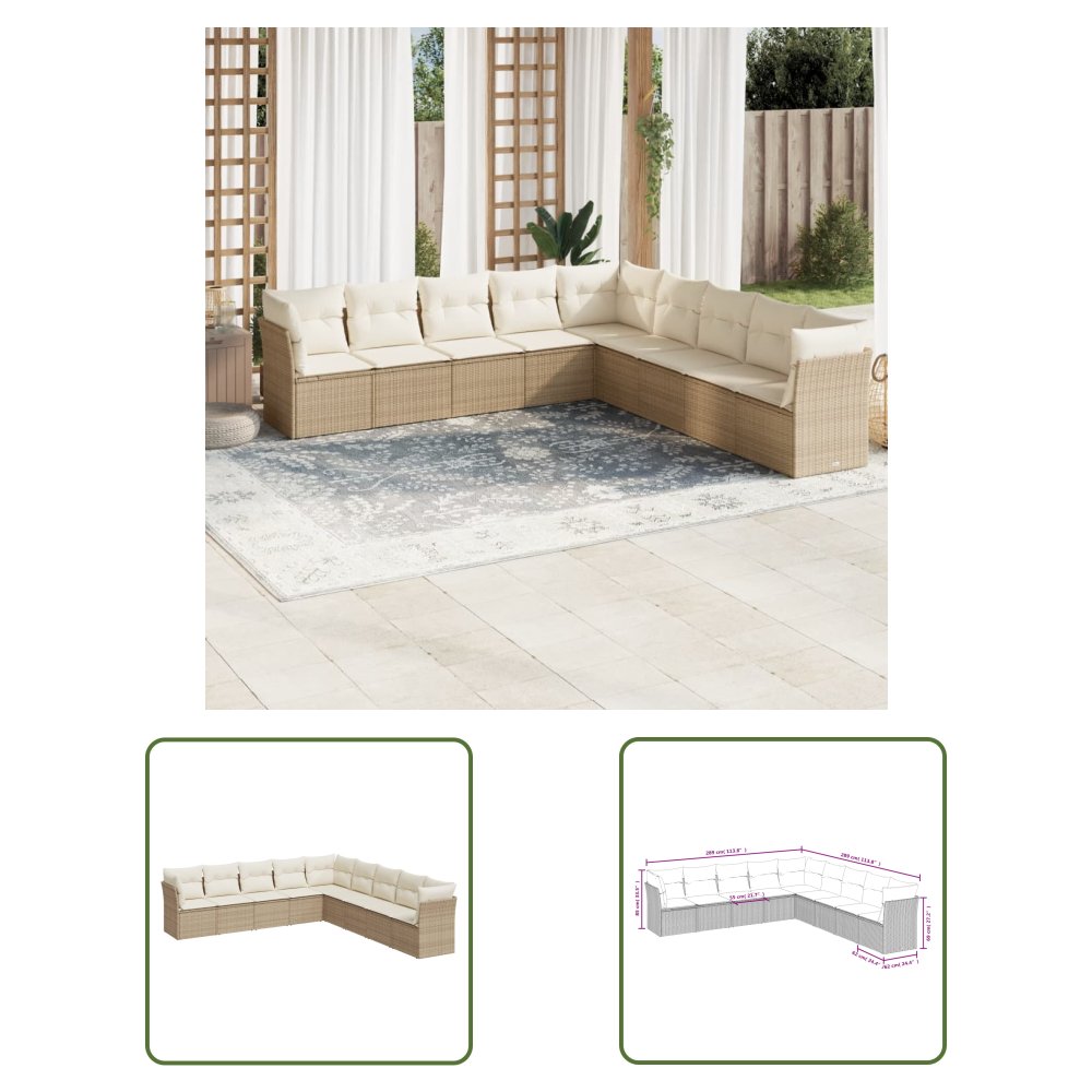 The Living Store 9-cz. zestaw mebli ogrodowych z poduszkami - beżowy - polirattan - Sofa Ogrodowa