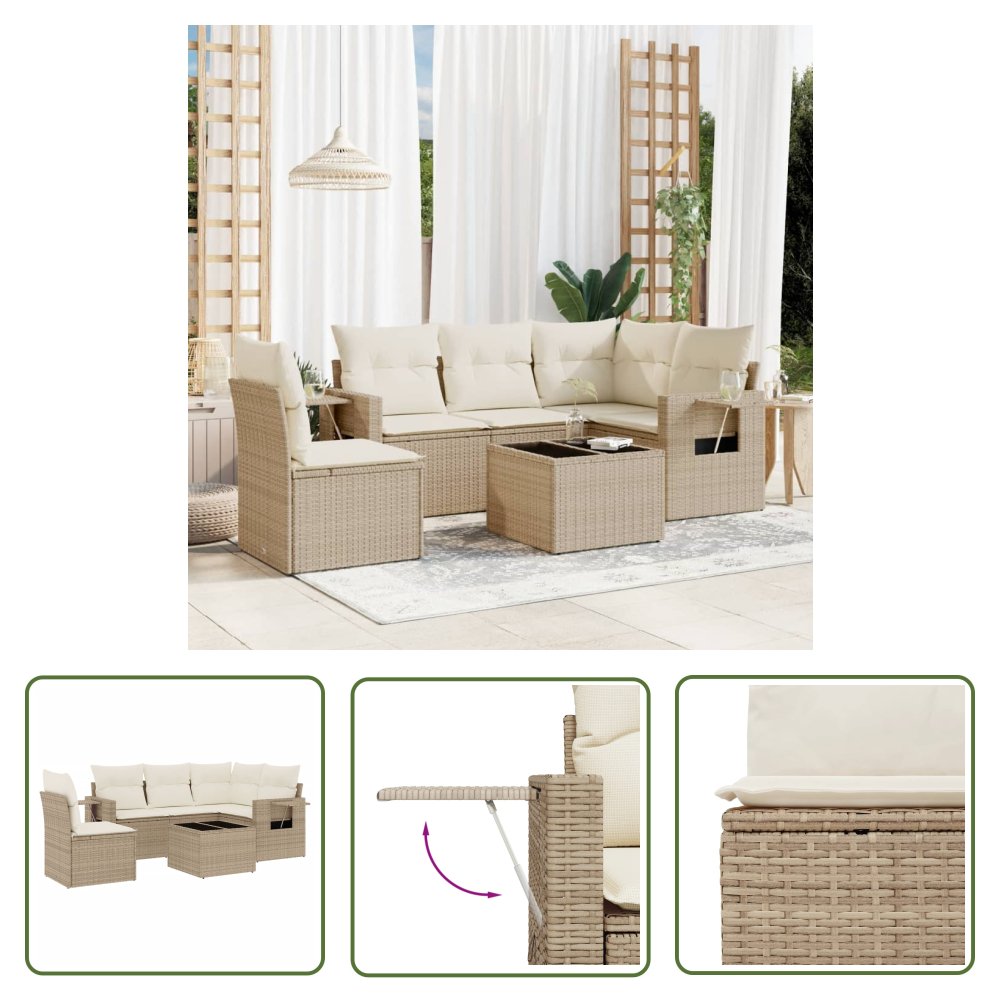 The Living Store 6-cz. zestaw mebli ogrodowych z poduszkami - beżowy - polirattan - Sofa Ogrodowa
