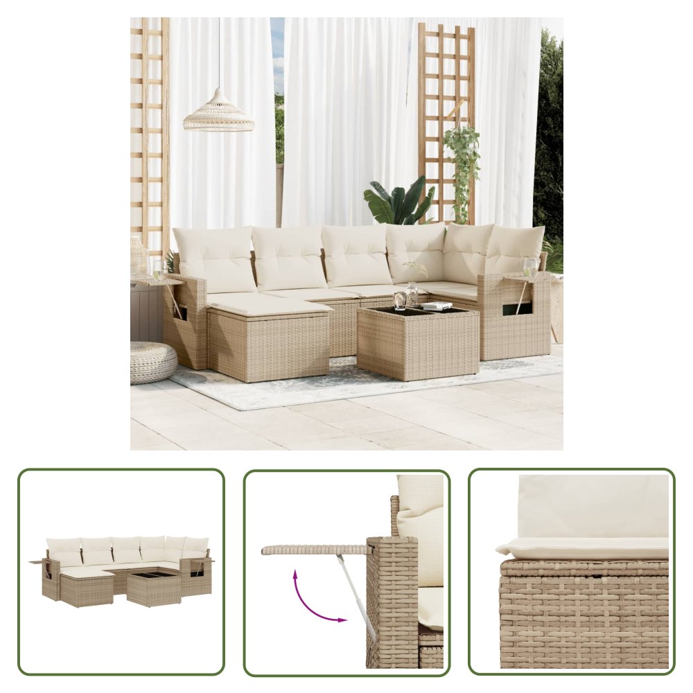 The Living Store 7-cz. zestaw wypoczynkowy do ogrodu - z poduszkami - beżowy - Sofa Ogrodowa