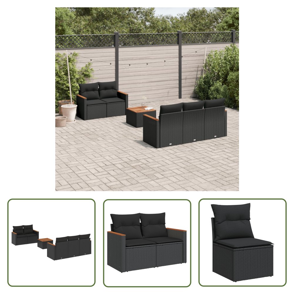 The Living Store 6-cz. zestaw mebli ogrodowych z poduszkami - czarny polirattan - Sofa Ogrodowa