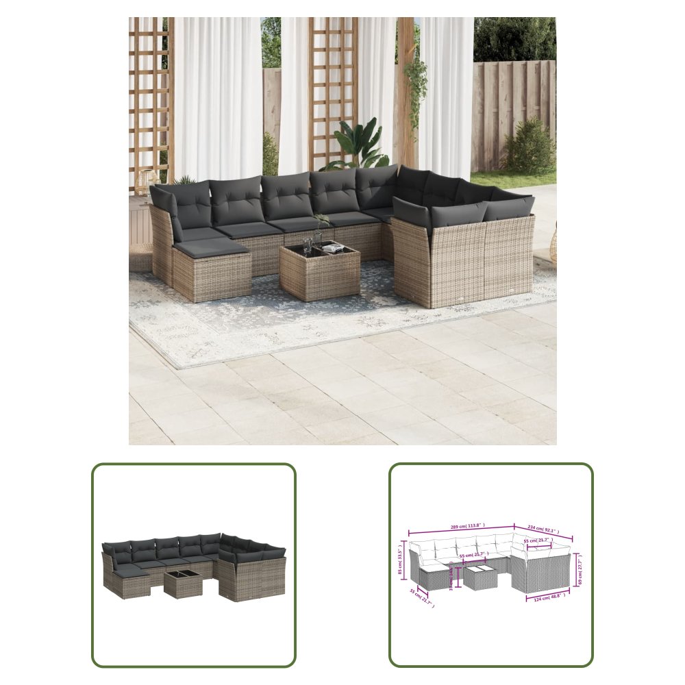 The Living Store 11-cz. zestaw mebli ogrodowych z poduszkami - szary rattan PE - Sofa Ogrodowa