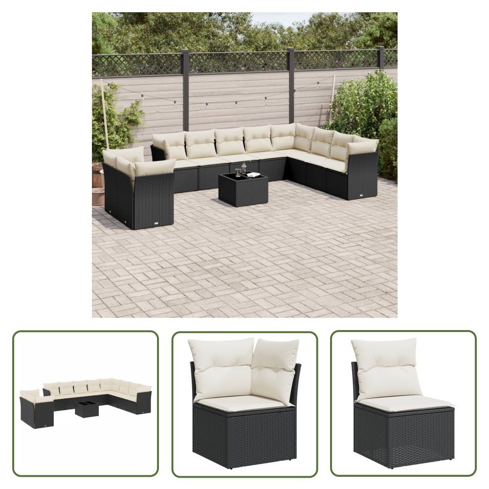 The Living Store 11-cz. zestaw wypoczynkowy do ogrodu - poduszki czarny rattan PE - Sofa Ogrodowa