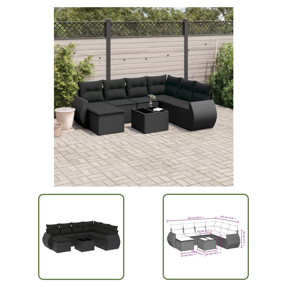 The Living Store 8-cz. zestaw wypoczynkowy do ogrodu - z poduszkami - czarny - Sofa Ogrodowa