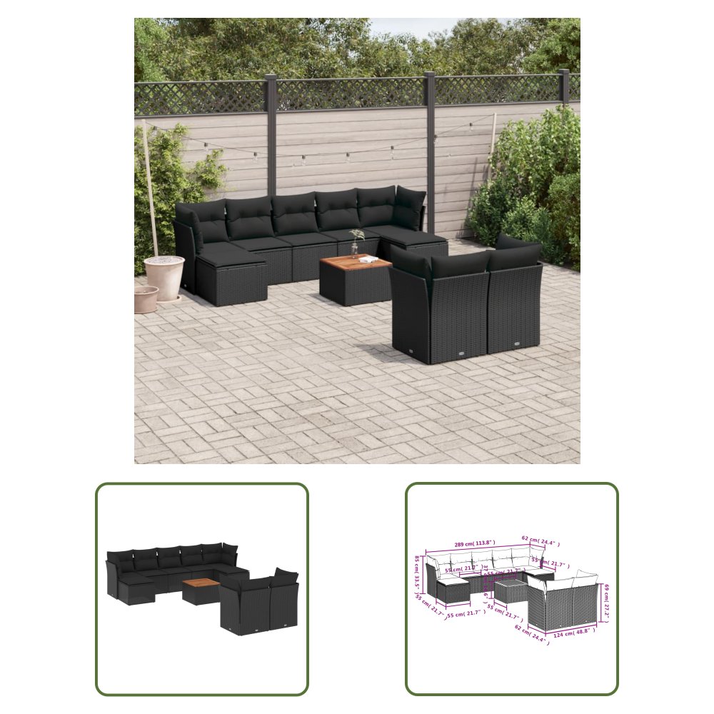 The Living Store 10-cz. zestaw wypoczynkowy do ogrodu - poduszki czarny rattan PE - Sofa Ogrodowa