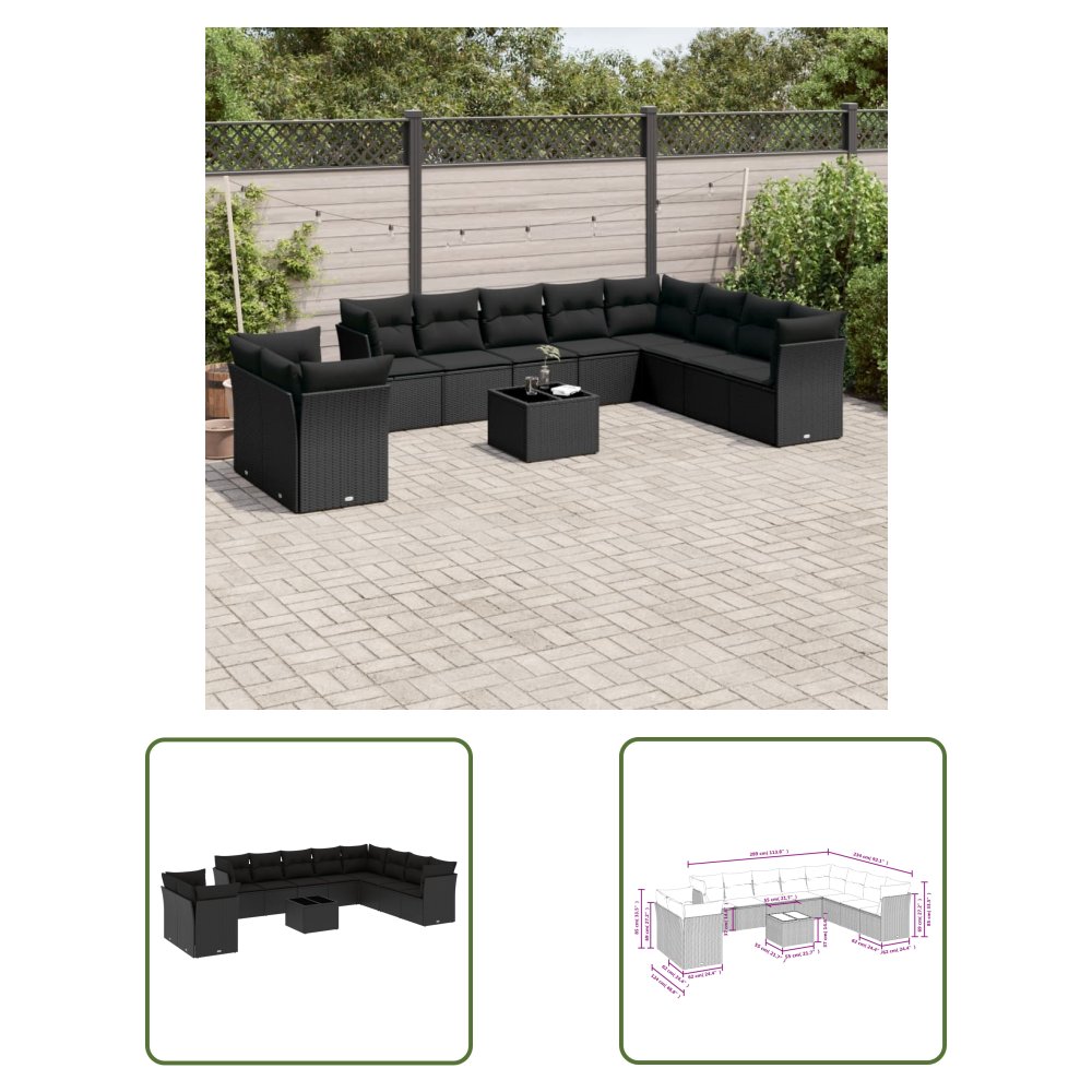 The Living Store 11-cz. zestaw wypoczynkowy do ogrodu - poduszki czarny rattan PE - Sofa Ogrodowa