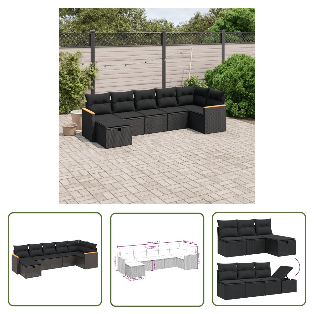 The Living Store 7-cz. zestaw wypoczynkowy do ogrodu - z poduszkami - czarny - Sofa Ogrodowa