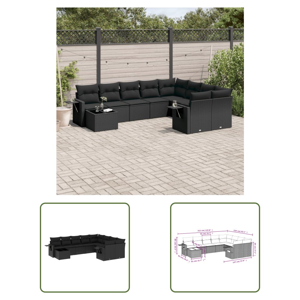 The Living Store 10-cz. zestaw wypoczynkowy do ogrodu - poduszki czarny rattan PE - Sofa Ogrodowa