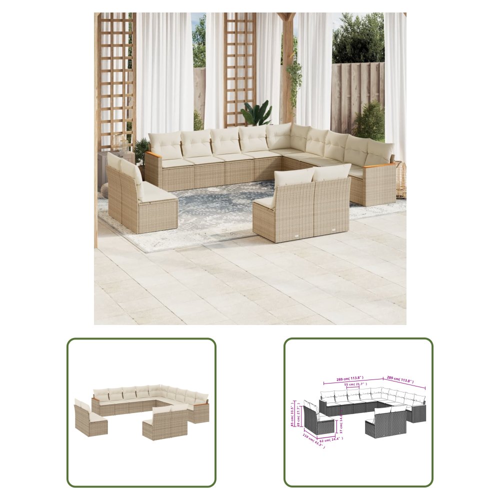 The Living Store 13-cz. zestaw mebli ogrodowych z poduszkami - beżowy - polirattan - Sofa Ogrodowa