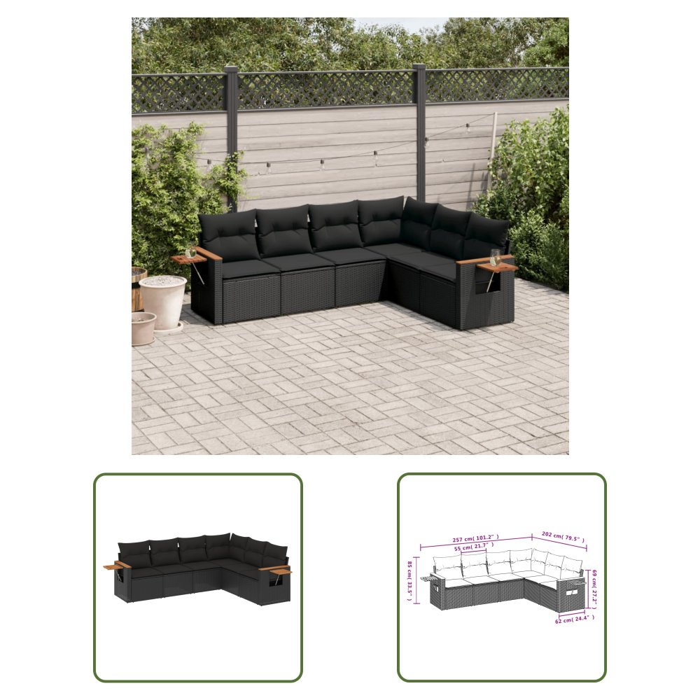 The Living Store 6-cz. zestaw mebli ogrodowych z poduszkami - czarny polirattan - Sofa Ogrodowa