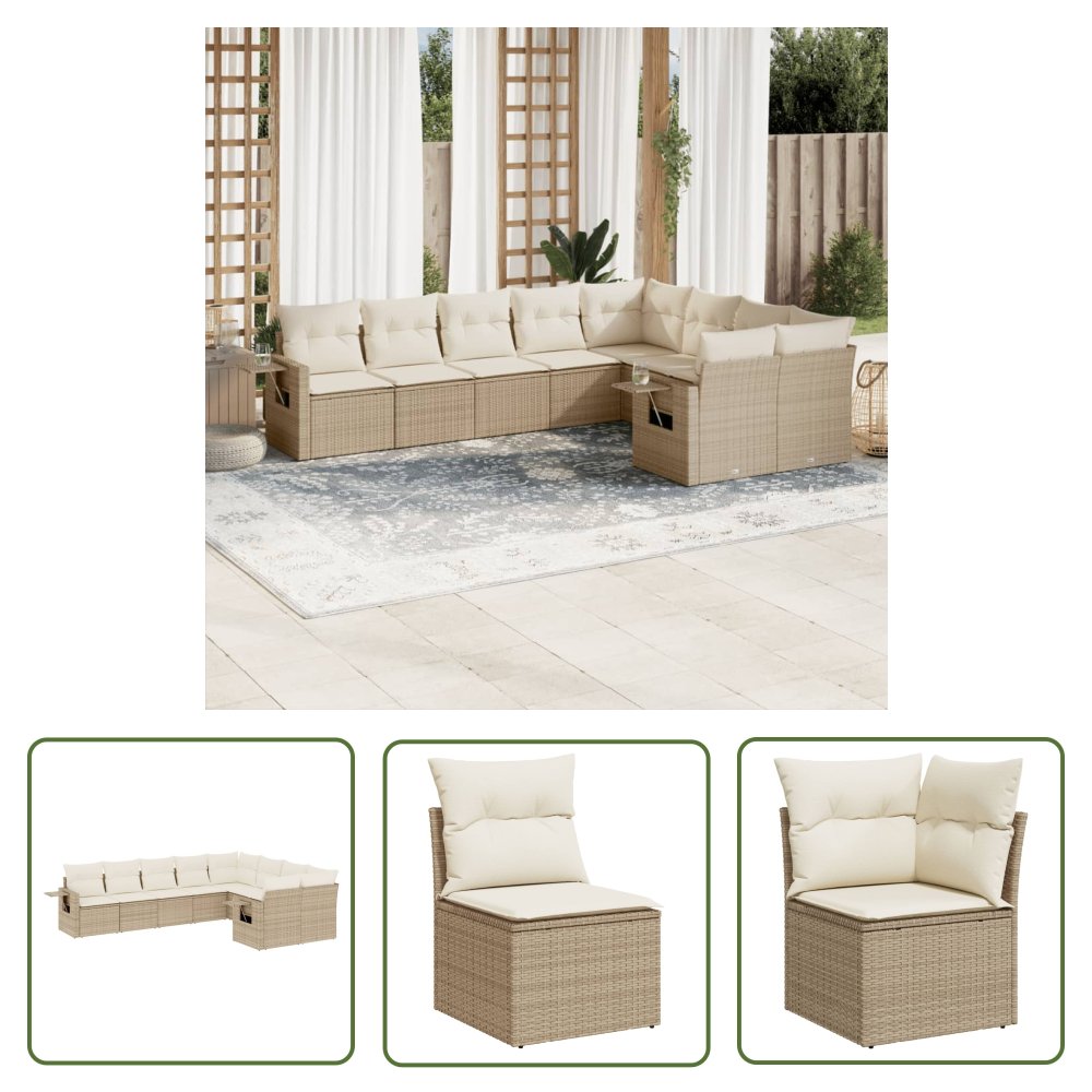The Living Store 9-cz. zestaw mebli ogrodowych z poduszkami - beżowy - polirattan - Sofa Ogrodowa