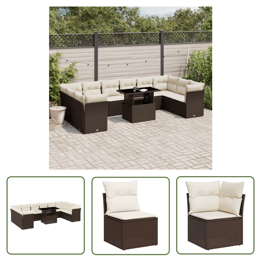 The Living Store 11-cz. zestaw mebli ogrodowych z poduszkami - brązowy - rattan PE - Sofa Ogrodowa