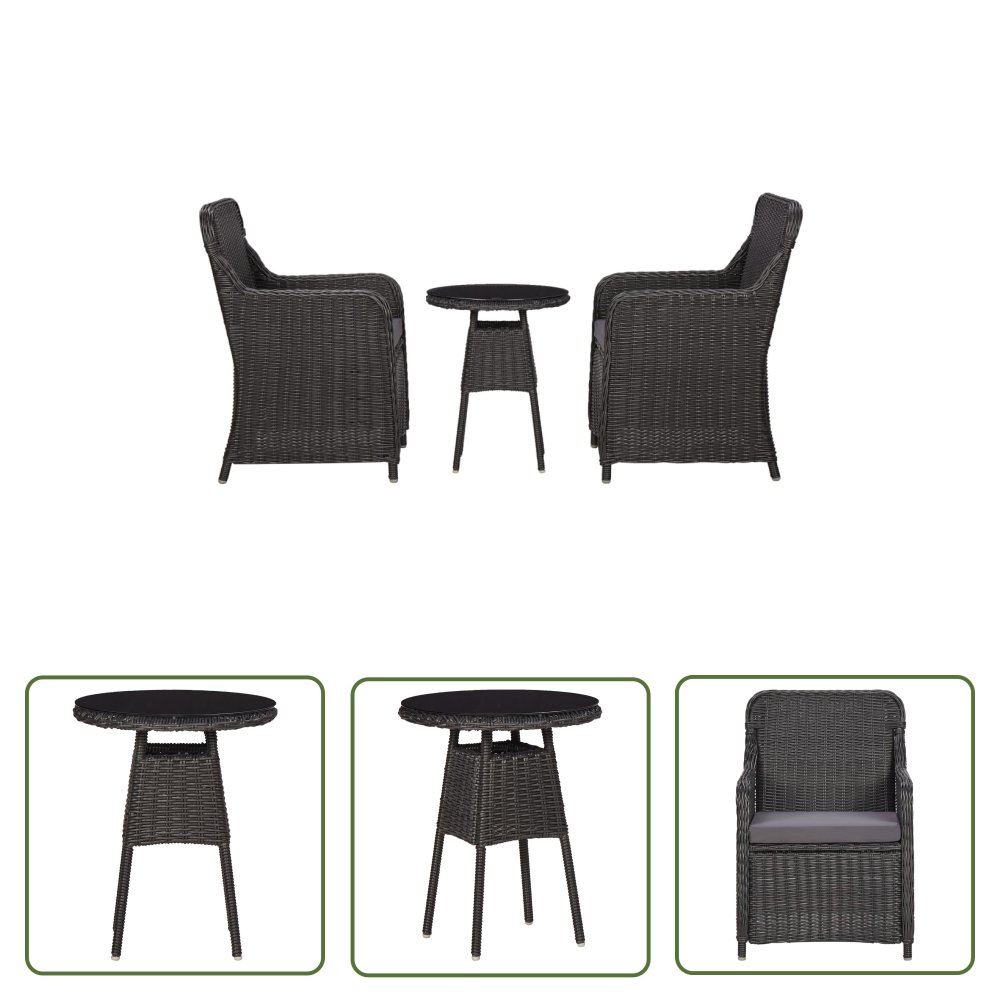The Living Store 3-częściowy zestaw mebli bistro - poduszki - rattan PE - czarny - Krzesło Rattanowe