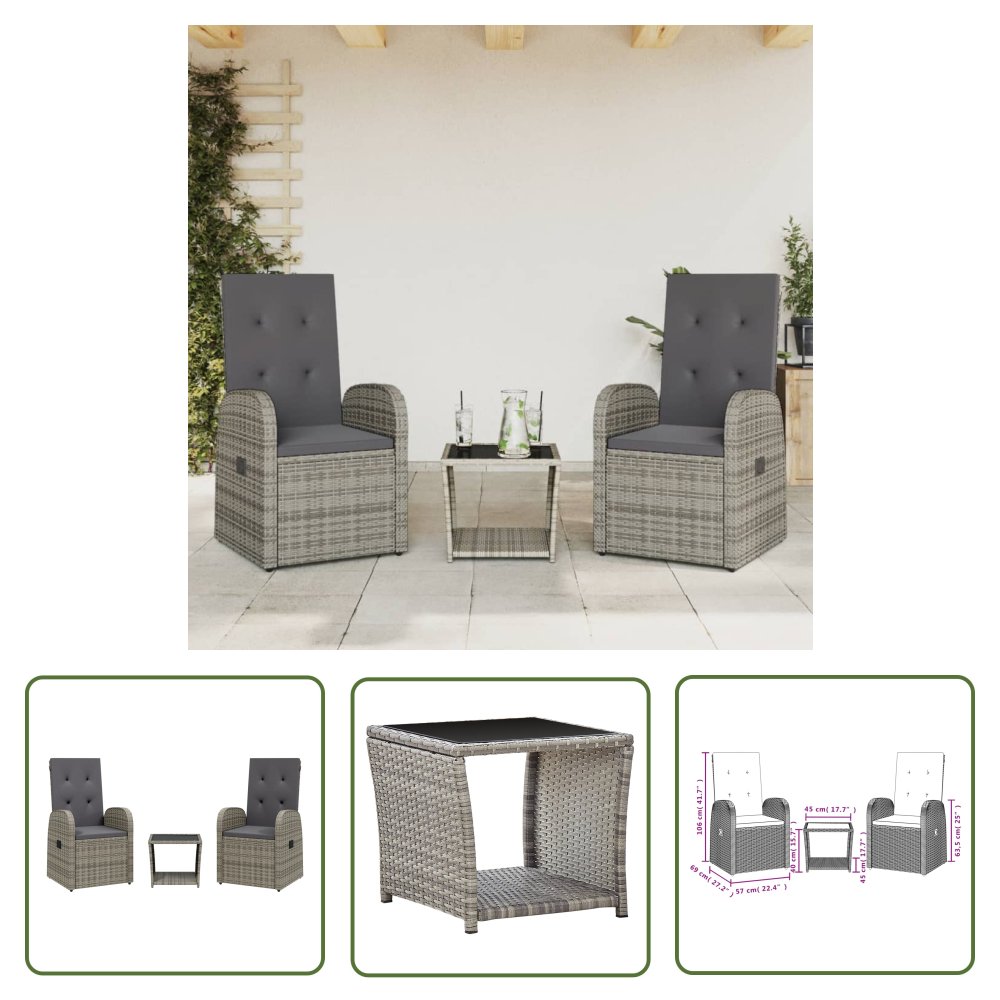 The Living Store 3-cz. zestaw mebli ogrodowych z poduszkami - szary rattan PE - Meble Ogrodowe