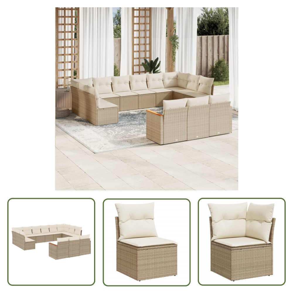 The Living Store 13-cz. zestaw mebli ogrodowych z poduszkami - beżowy - polirattan - Sofa Ogrodowa