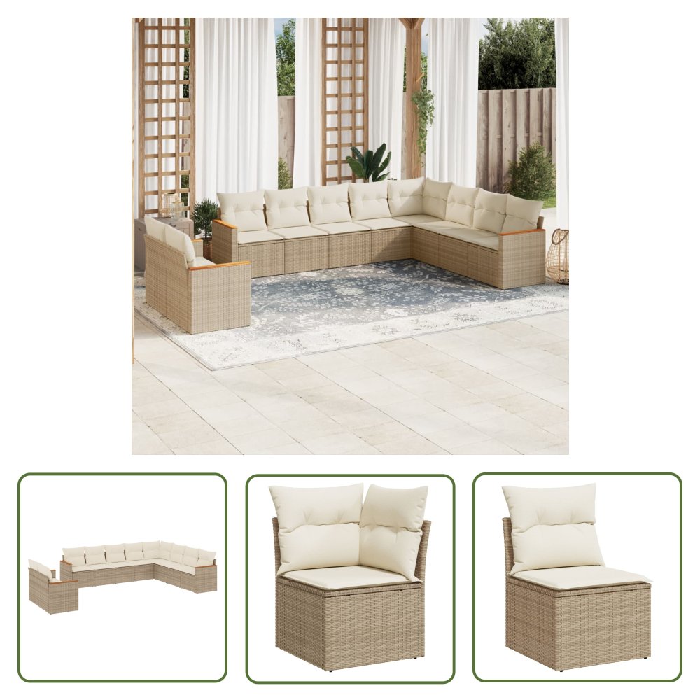 The Living Store 10-cz. zestaw mebli ogrodowych z poduszkami - beżowy - polirattan - Sofa Ogrodowa