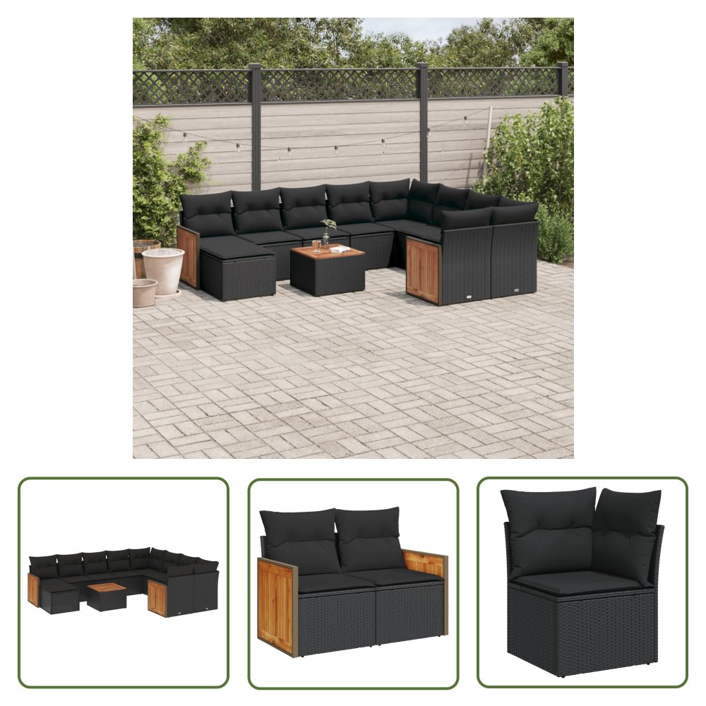 The Living Store 11-cz. zestaw wypoczynkowy do ogrodu - poduszki czarny rattan PE - Sofa Ogrodowa