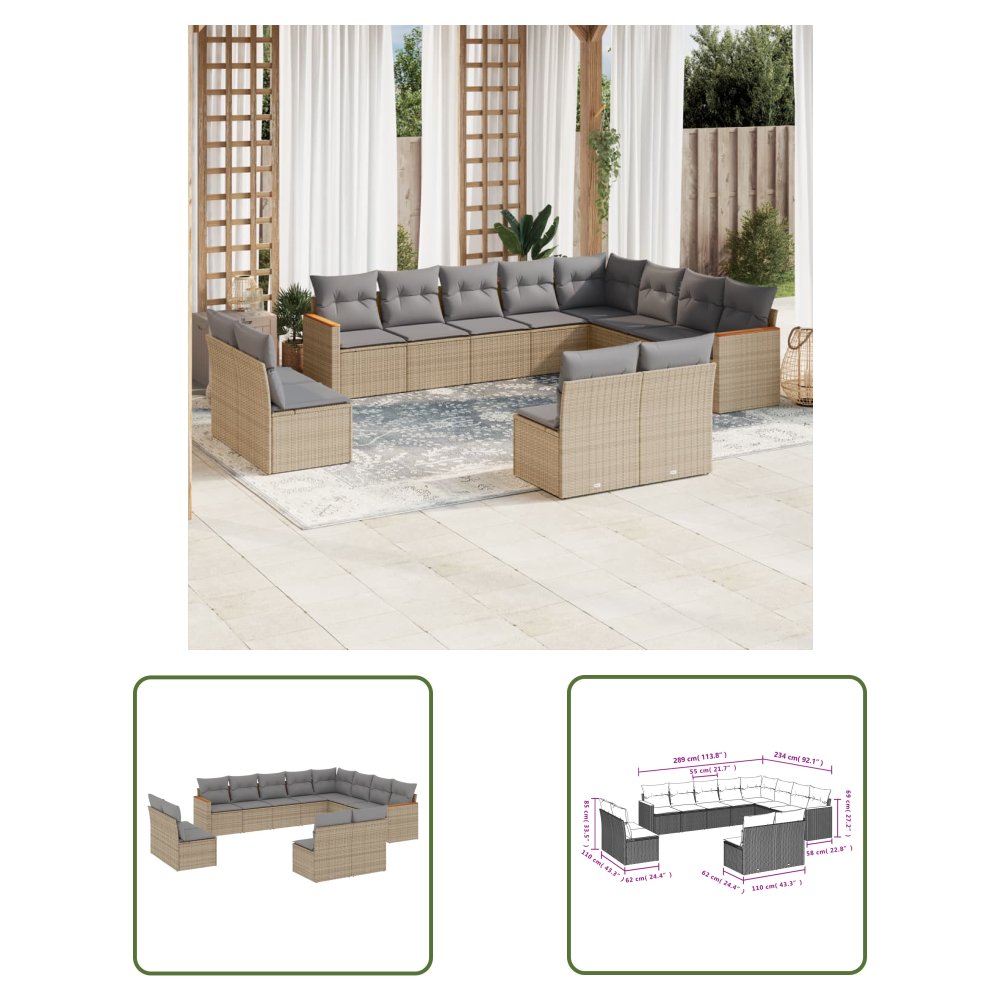 The Living Store 12-cz. zestaw mebli ogrodowych z poduszkami - beżowy - polirattan - Sofa Ogrodowa