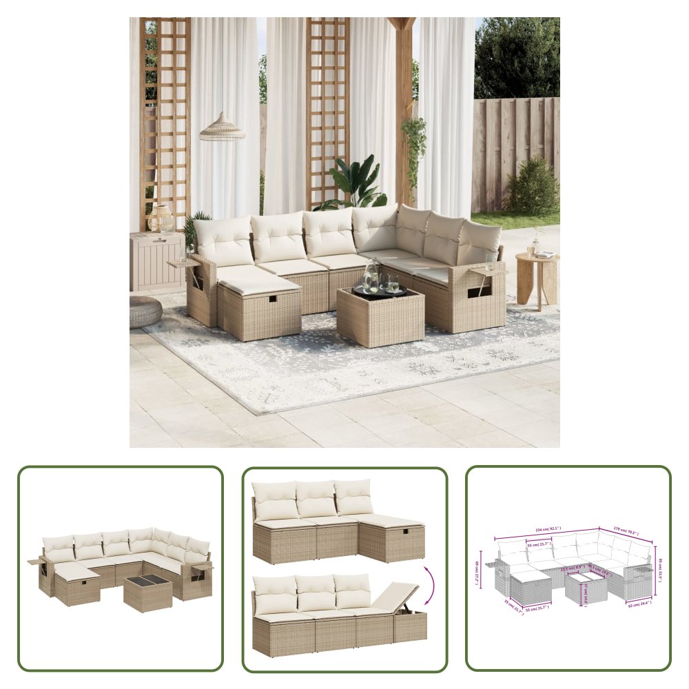 The Living Store 8-cz. zestaw mebli ogrodowych z poduszkami - beżowy - polirattan - Sofa Ogrodowa