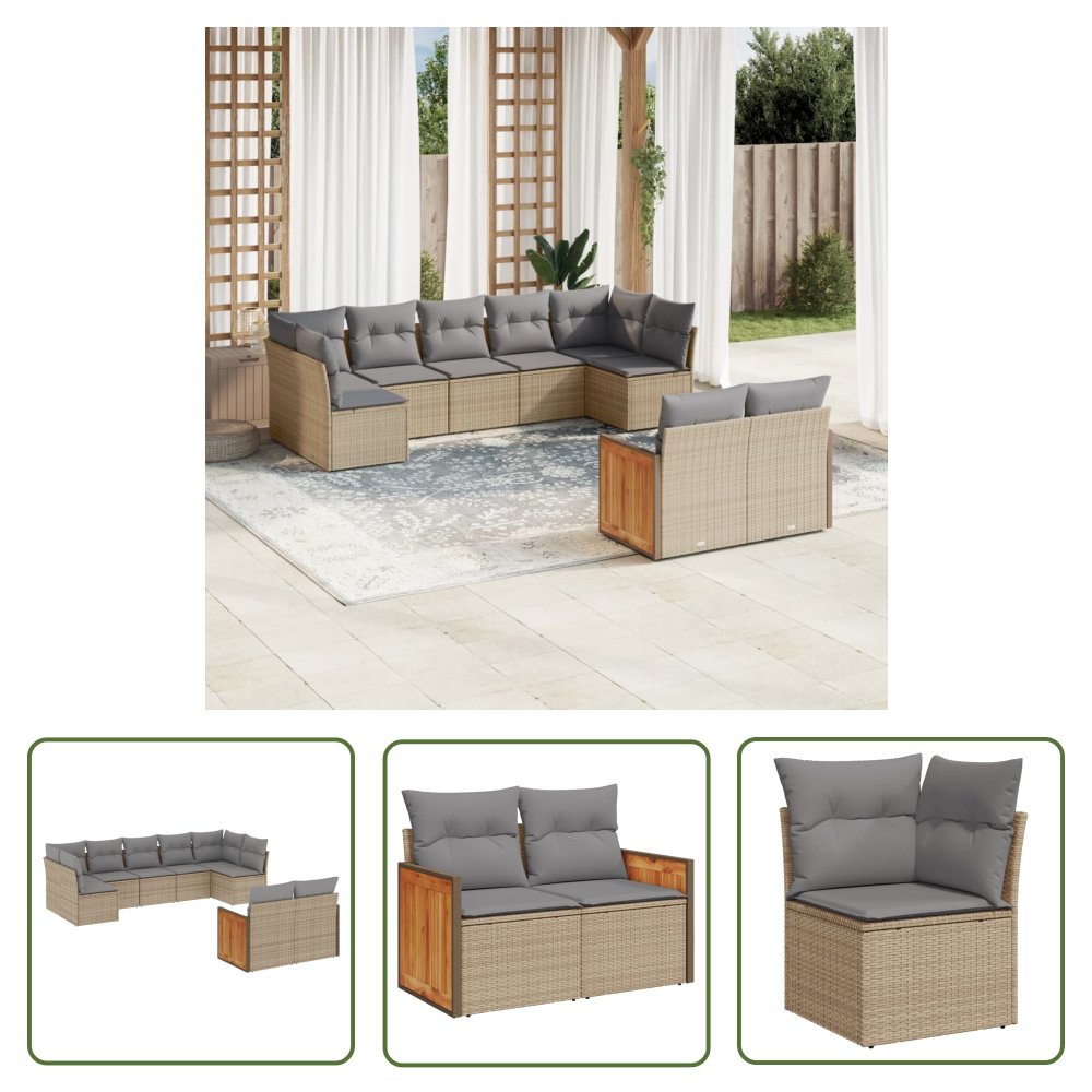 The Living Store 9-cz. zestaw mebli ogrodowych z poduszkami - beżowy - polirattan - Sofa Ogrodowa