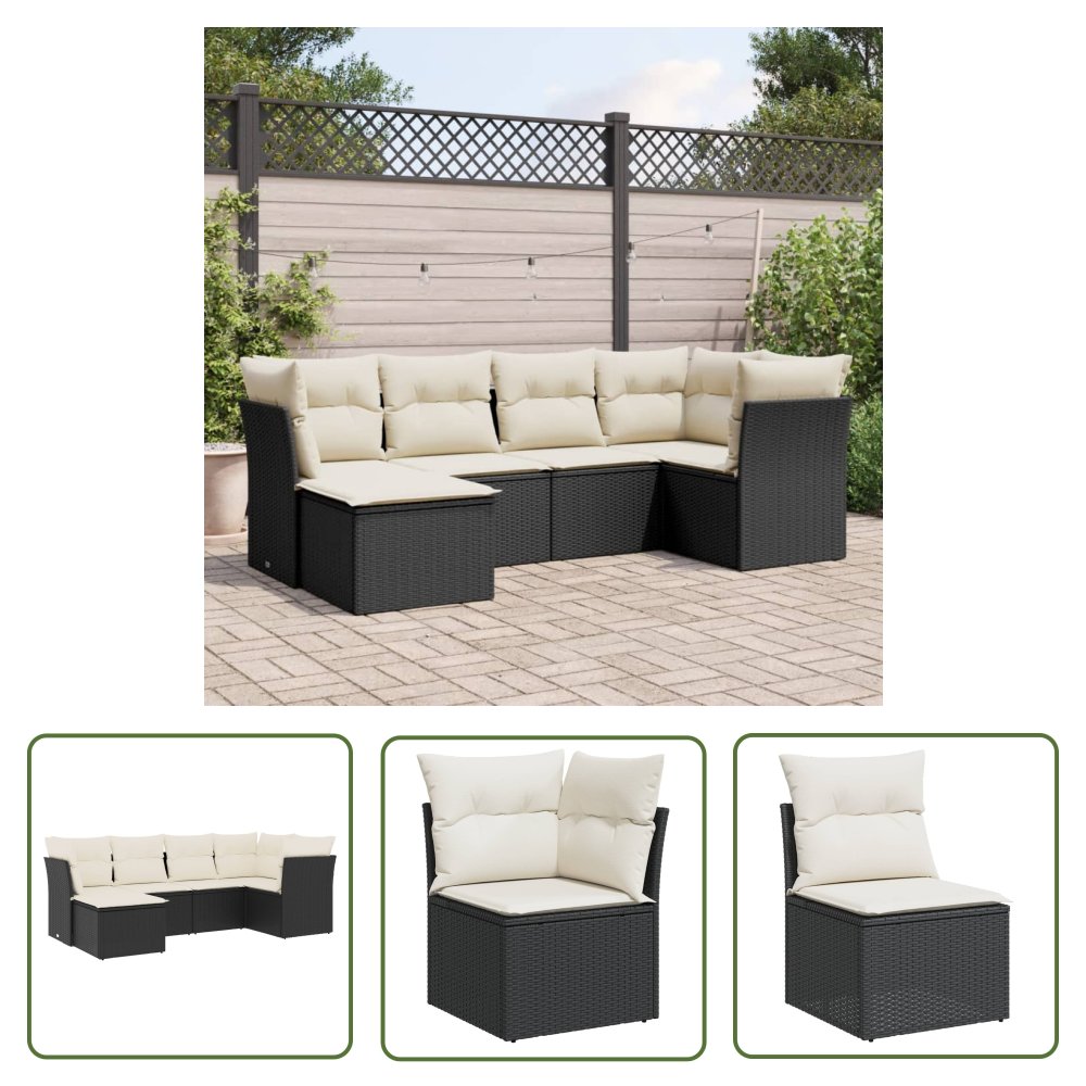 The Living Store 6-cz. zestaw mebli ogrodowych z poduszkami - czarny polirattan - Sofa Ogrodowa