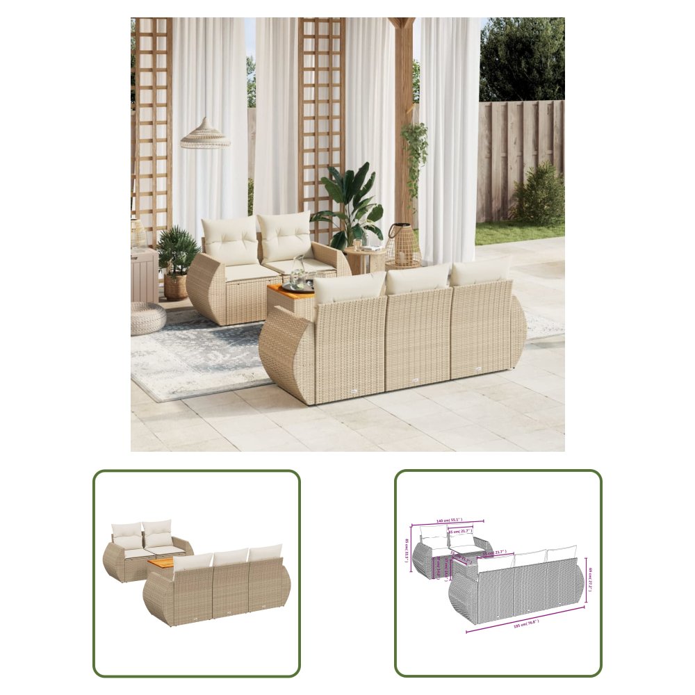 The Living Store 6-cz. zestaw mebli ogrodowych z poduszkami - beżowy - polirattan - Sofa Ogrodowa