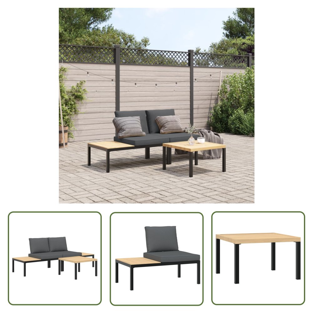 The Living Store 3-cz. zestaw mebli do ogrodu - z poduszkami - czarne aluminium - Zestaw Wypoczynkowy Do Ogrodu