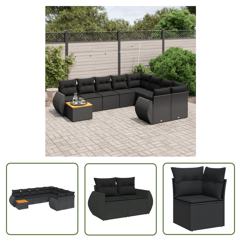 The Living Store 10-cz. zestaw wypoczynkowy do ogrodu - poduszki czarny rattan PE - Sofa Ogrodowa