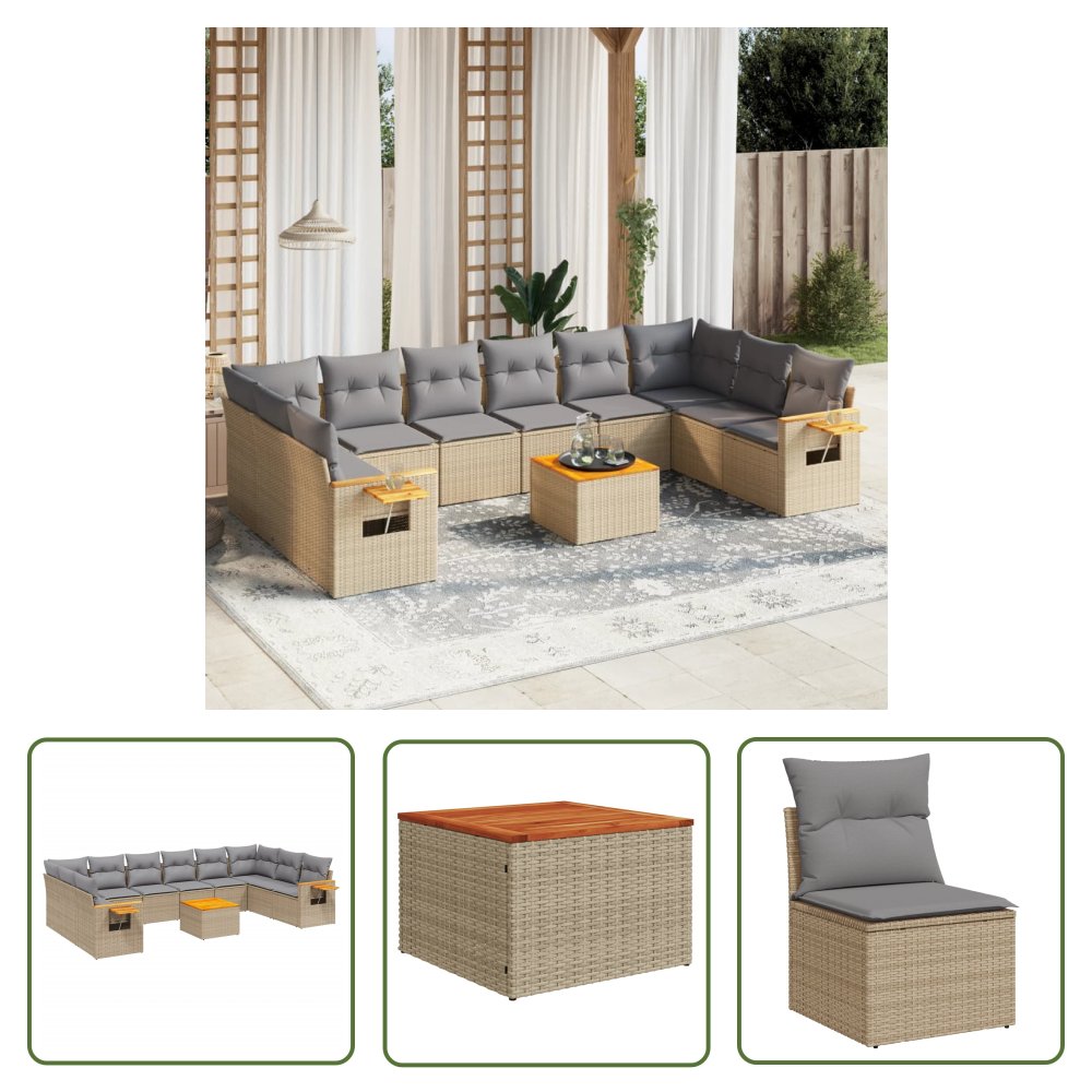 The Living Store 11-cz. zestaw mebli ogrodowych z poduszkami - beżowy - polirattan - Sofa Ogrodowa