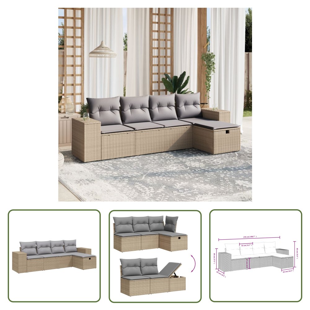 The Living Store 5-cz. zestaw mebli ogrodowych z poduszkami - mieszany beż - Sofa Ogrodowa