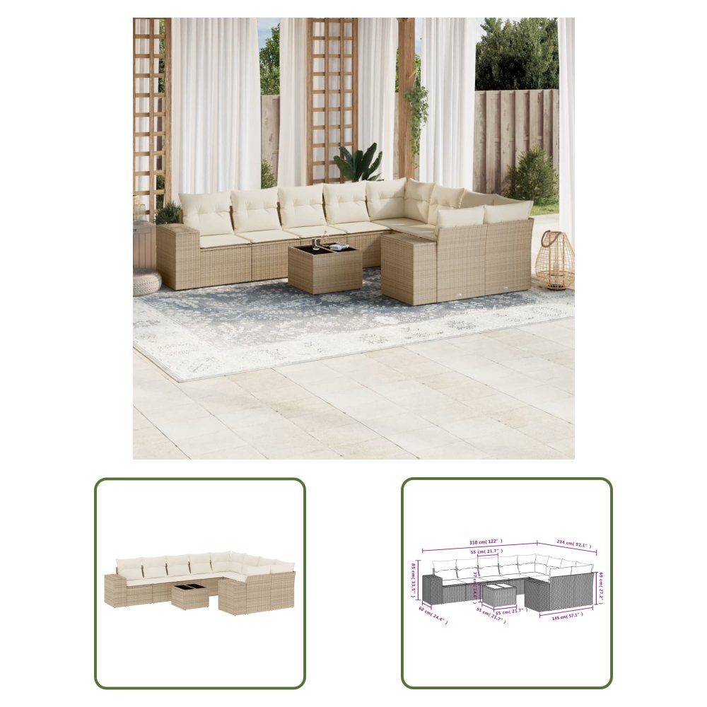The Living Store 10-cz. zestaw mebli ogrodowych z poduszkami - beżowy - polirattan - Sofa Ogrodowa