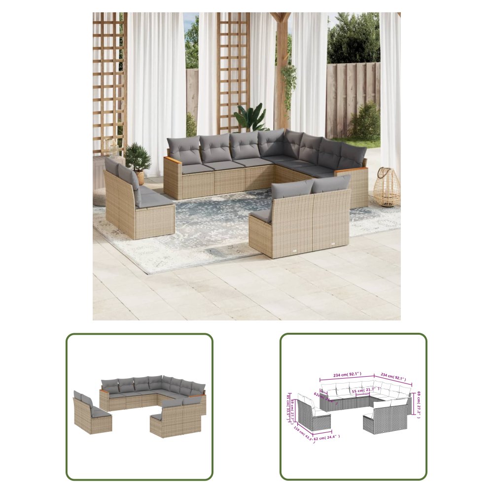 The Living Store 11-cz. zestaw mebli ogrodowych z poduszkami - beżowy - polirattan - Sofa Ogrodowa