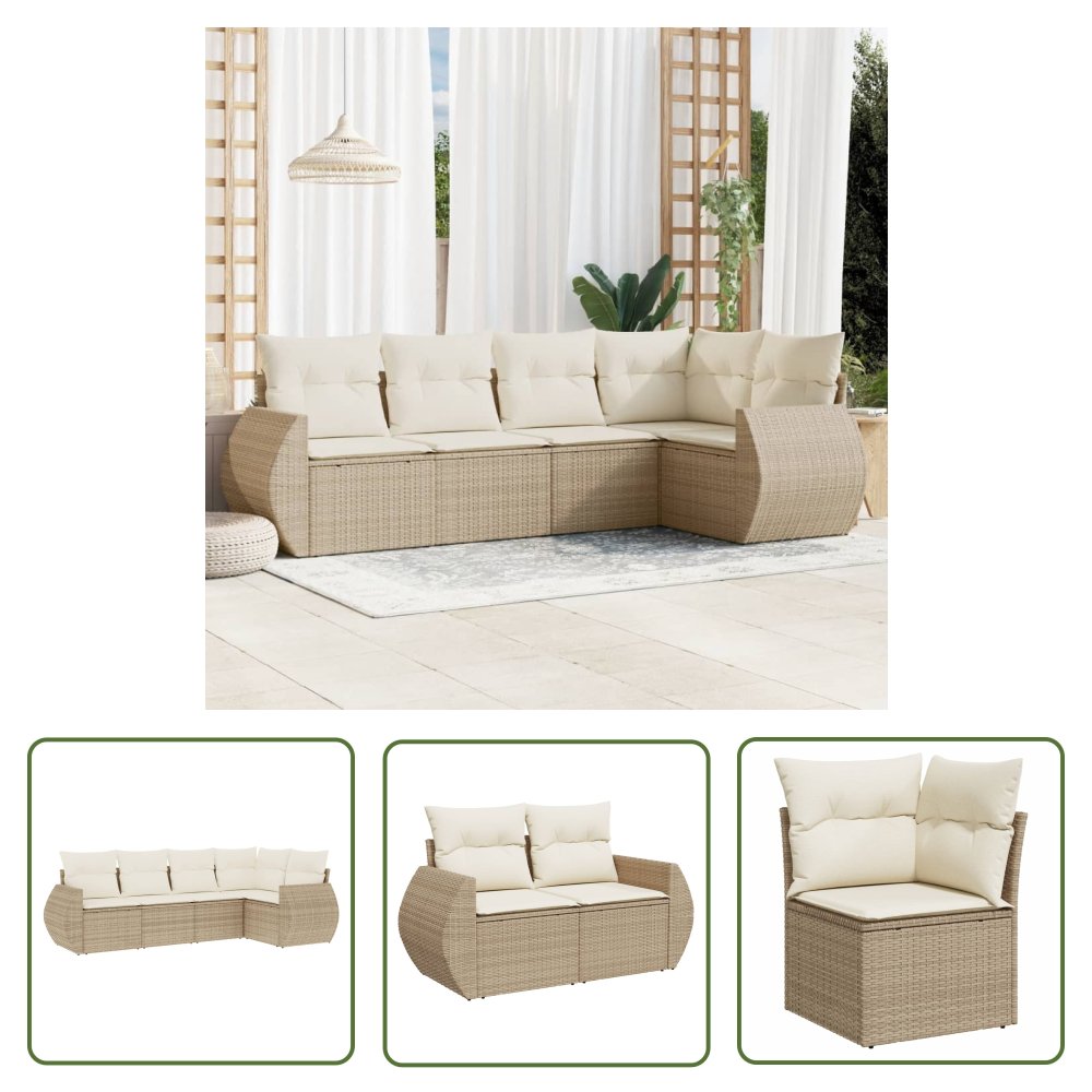 The Living Store 5-cz. zestaw mebli ogrodowych z poduszkami - beżowy - polirattan - Sofa Ogrodowa