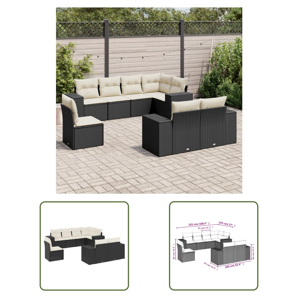 The Living Store 8-cz. zestaw wypoczynkowy do ogrodu - z poduszkami - czarny - Sofa Ogrodowa