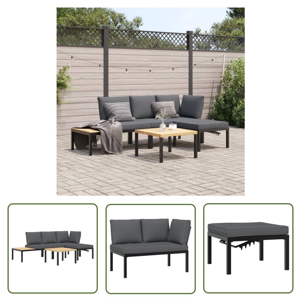 The Living Store 4-cz. zestaw mebli do ogrodu - z poduszkami - czarne aluminium - Zestaw Wypoczynkowy Do Ogrodu