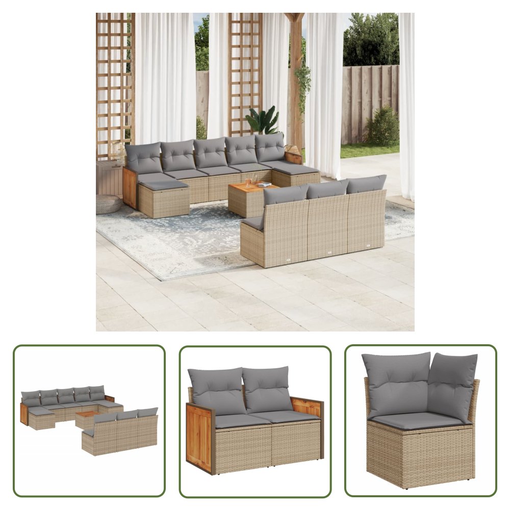 The Living Store 11-cz. zestaw mebli ogrodowych z poduszkami - beżowy - polirattan - Sofa Ogrodowa