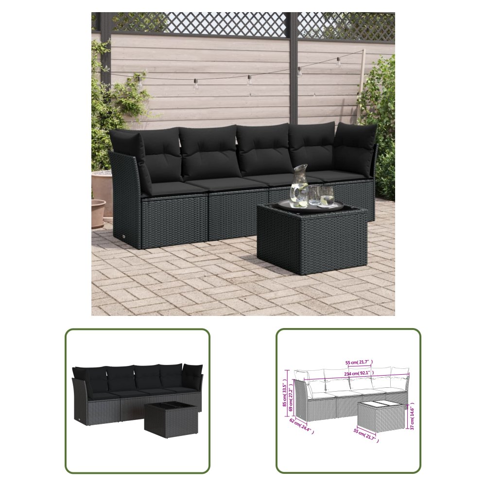 The Living Store 5-cz. zestaw wypoczynkowy do ogrodu - poduszki - czarny rattan PE - Sofa Ogrodowa