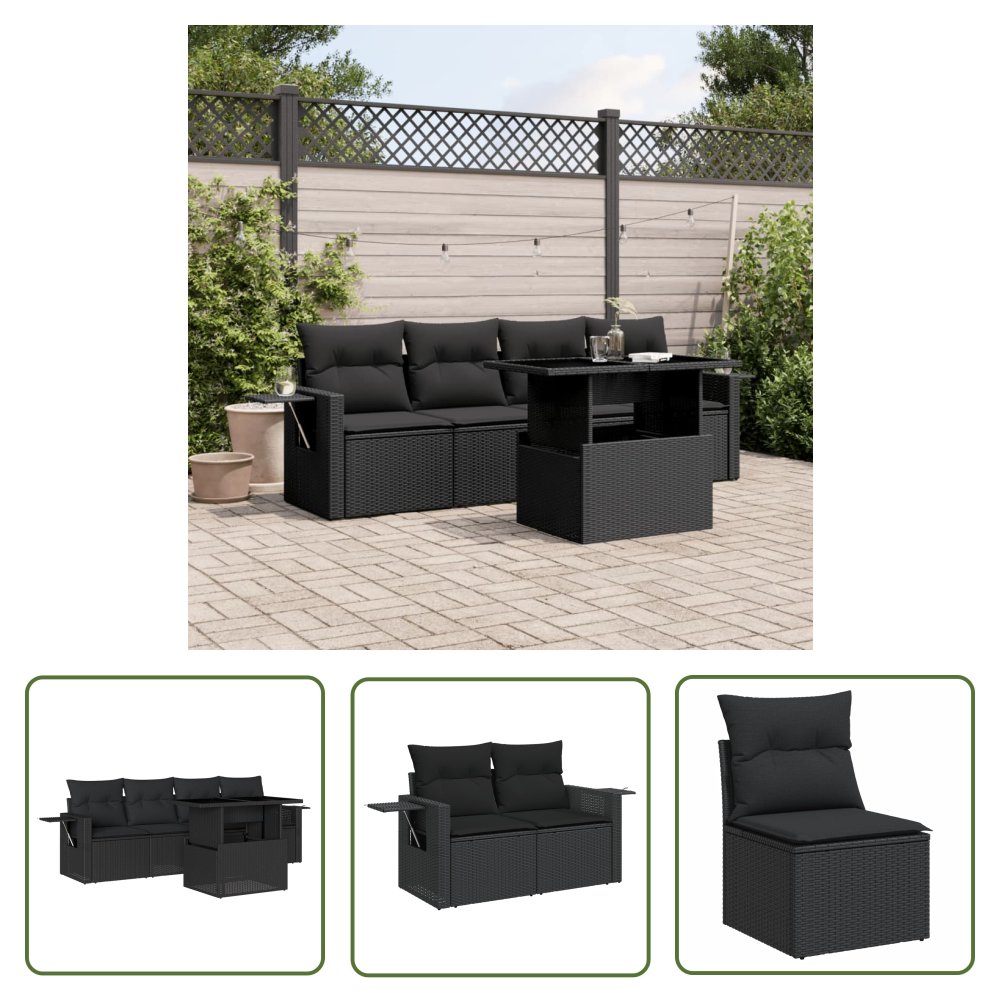 The Living Store 5-cz. zestaw wypoczynkowy do ogrodu - poduszki - czarny rattan PE - Sofa Ogrodowa