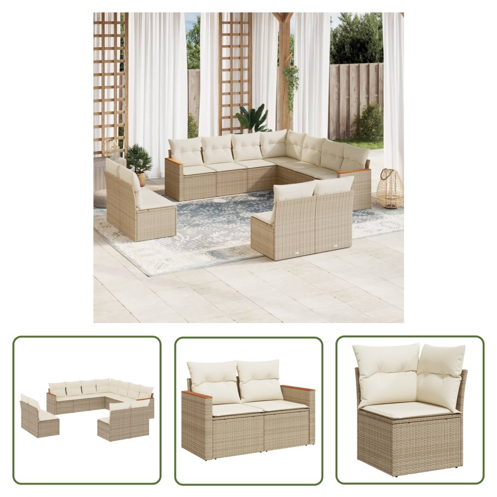 The Living Store 11-cz. zestaw mebli ogrodowych z poduszkami - beżowy - polirattan - Sofa Ogrodowa