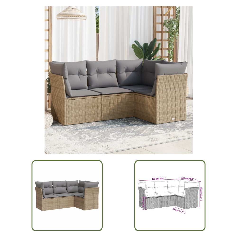 The Living Store 4-cz. zestaw mebli ogrodowych z poduszkami - beżowy - polirattan - Sofa Ogrodowa