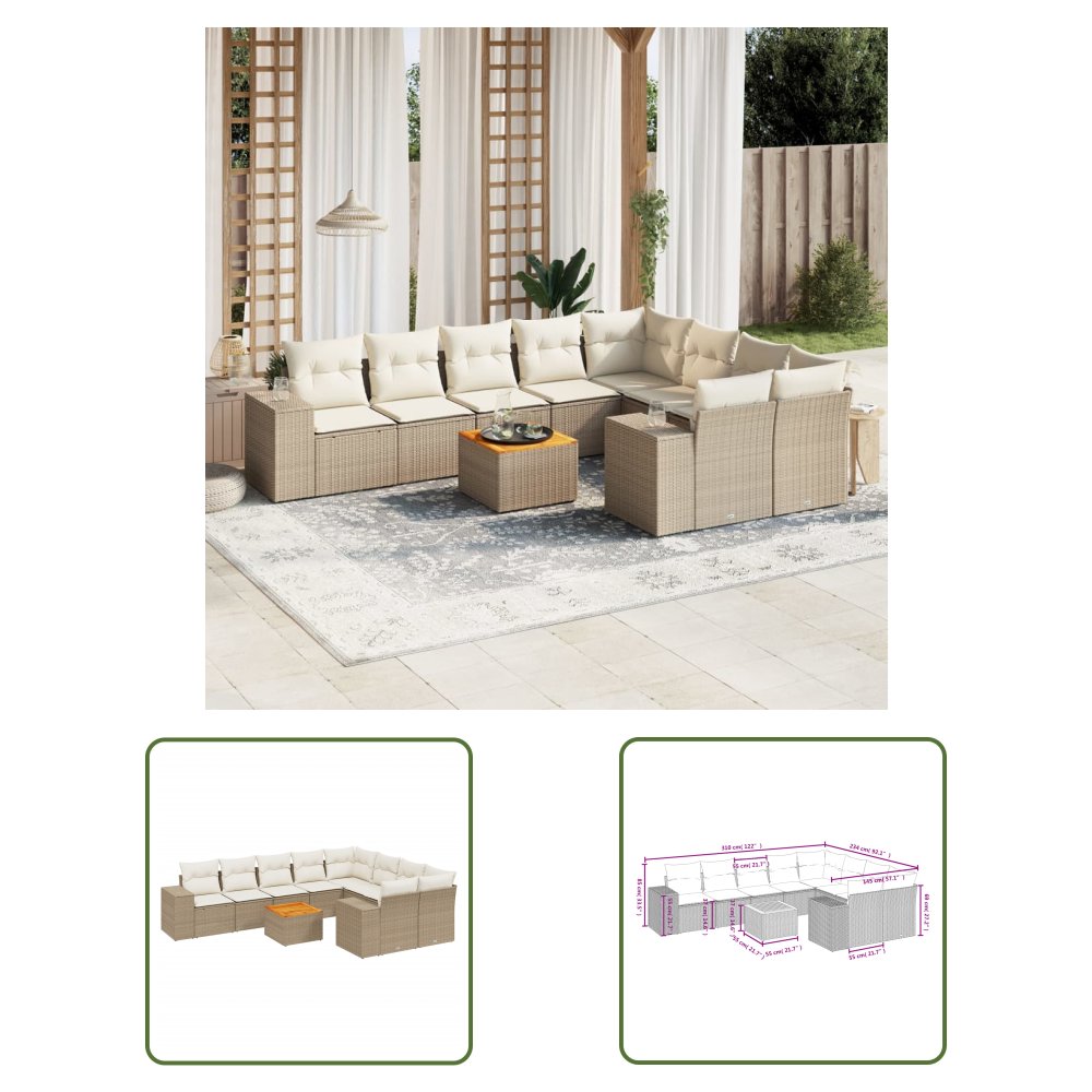 The Living Store 10-cz. zestaw mebli ogrodowych z poduszkami - beżowy - polirattan - Sofa Ogrodowa