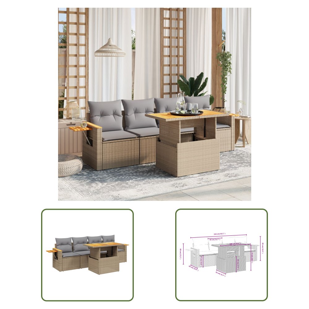 The Living Store 5-cz. zestaw mebli ogrodowych z poduszkami - beżowy - polirattan - Sofa Ogrodowa