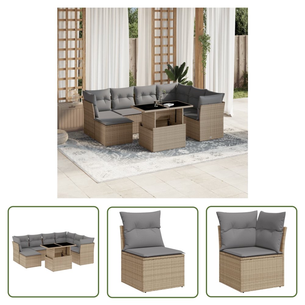 The Living Store 8-cz. zestaw mebli ogrodowych z poduszkami - beżowy - polirattan - Sofa Ogrodowa