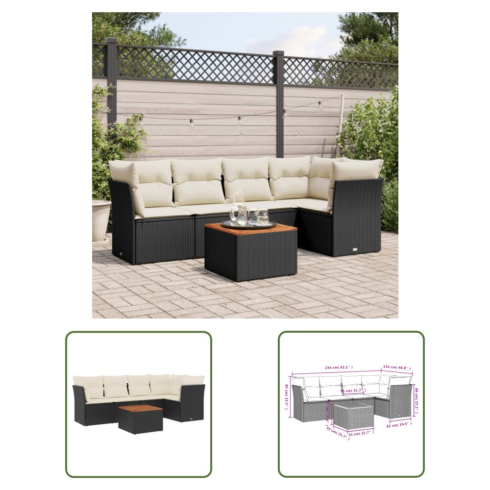 The Living Store 6-cz. zestaw mebli ogrodowych z poduszkami - czarny polirattan - Sofa Ogrodowa