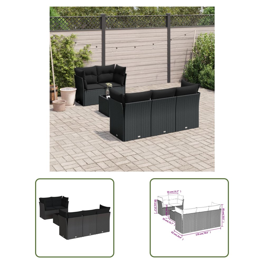 The Living Store 6-cz. zestaw mebli ogrodowych z poduszkami - czarny polirattan - Sofa Ogrodowa