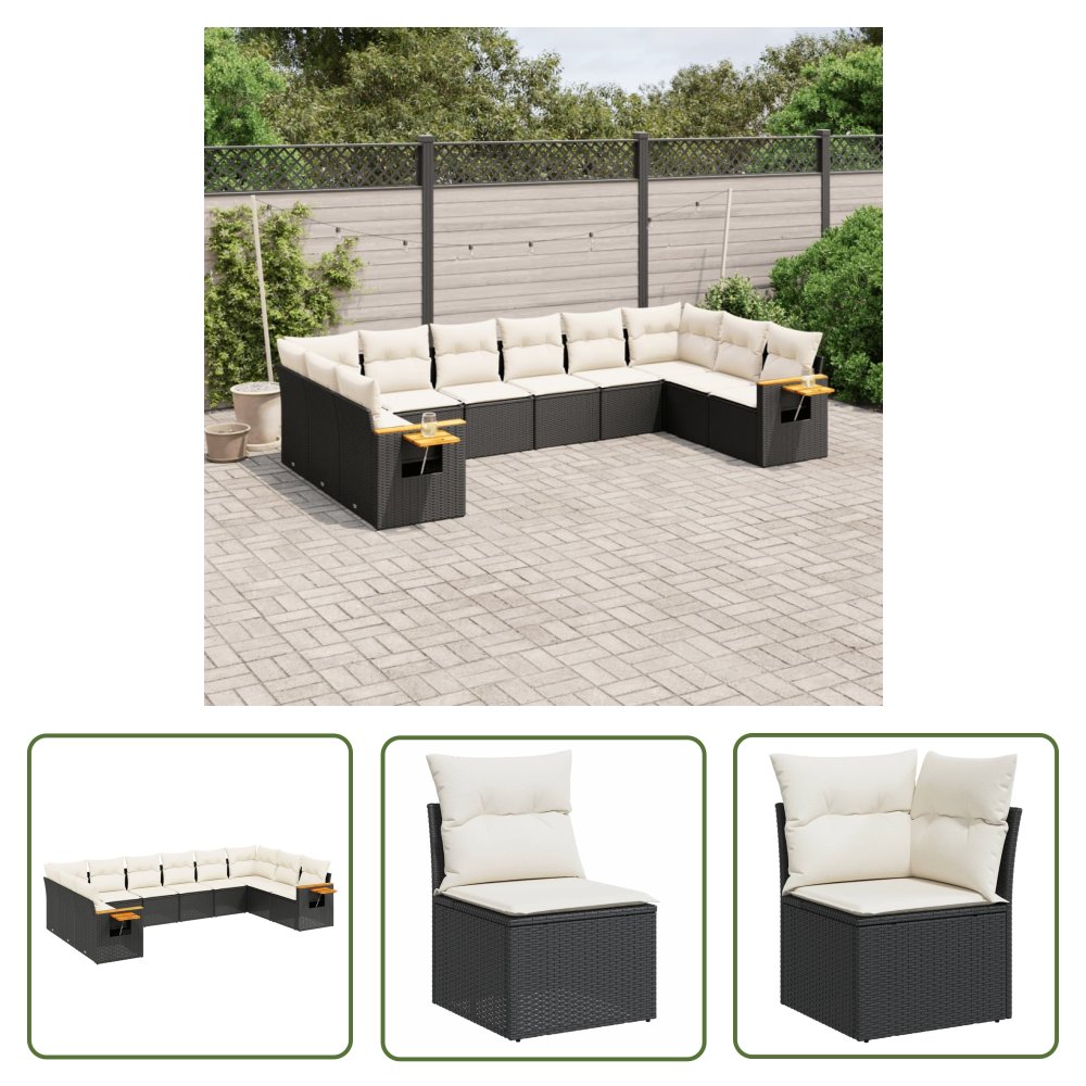 The Living Store 10-cz. zestaw wypoczynkowy do ogrodu - poduszki czarny rattan PE - Sofa Ogrodowa