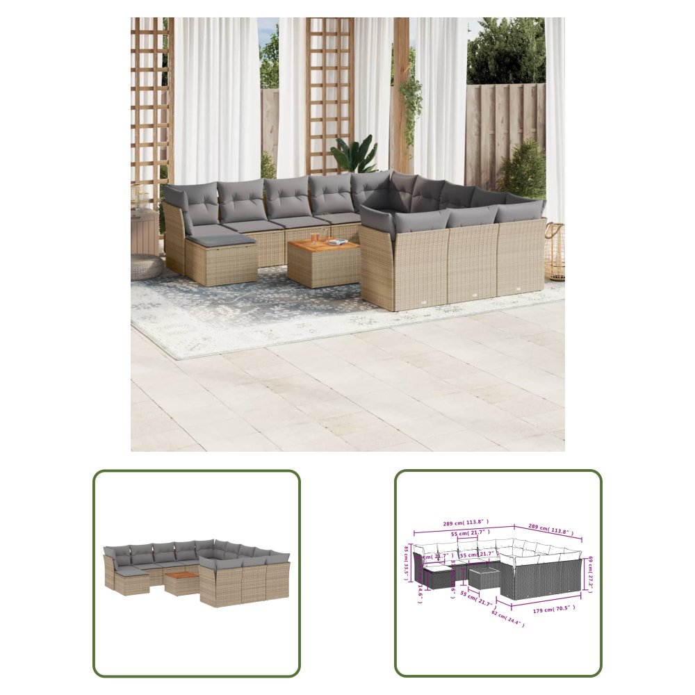 The Living Store 13-cz. zestaw mebli ogrodowych z poduszkami - beżowy - polirattan - Sofa Ogrodowa