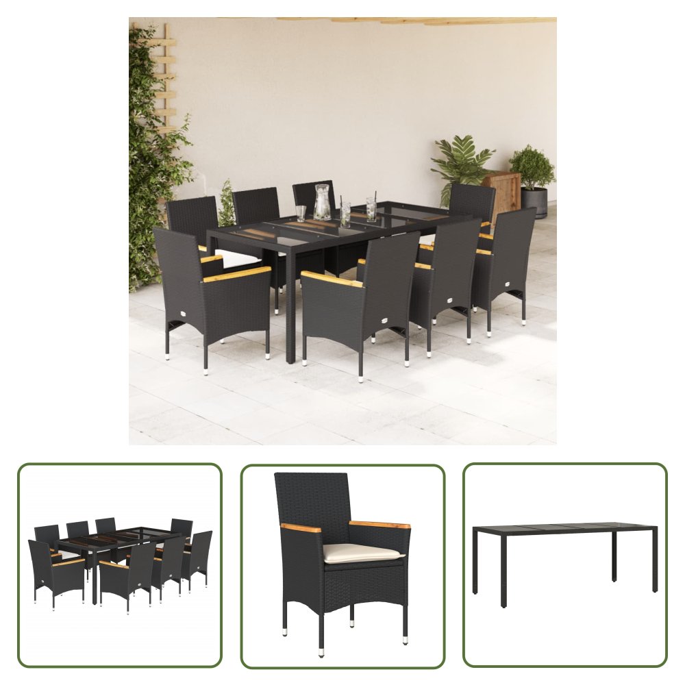 The Living Store 9-cz. zestaw mebli ogrodowych z poduszkami - czarny - polirattan - Meble Ogrodowe