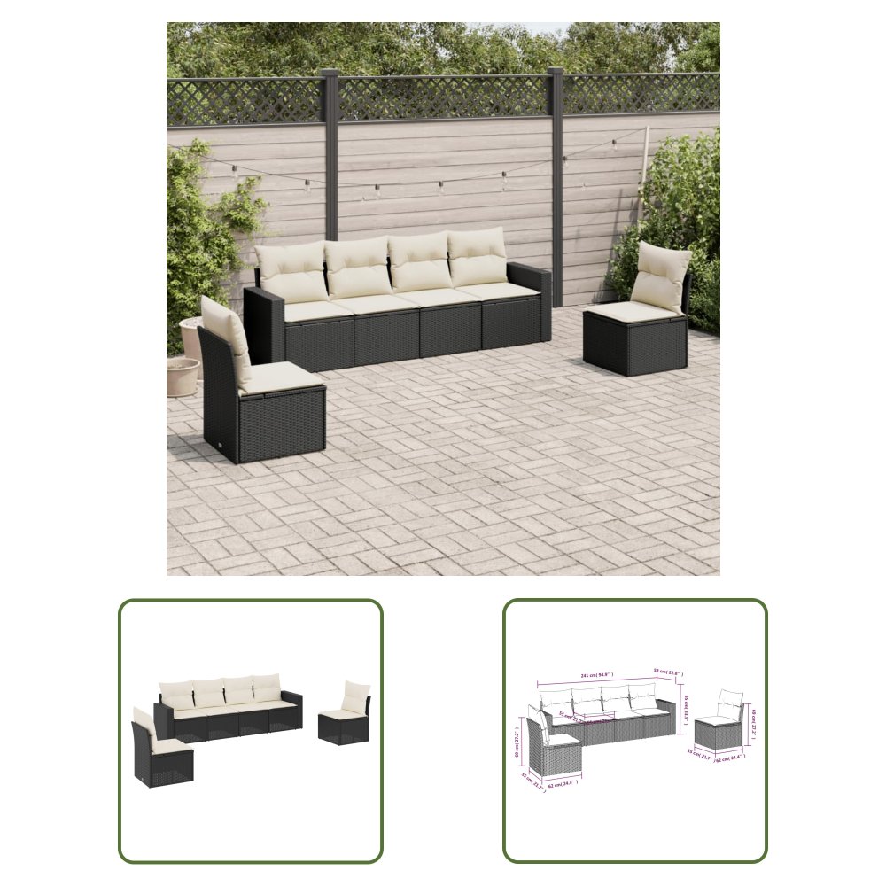 The Living Store 6-cz. zestaw mebli ogrodowych z poduszkami - czarny polirattan - Sofa Ogrodowa