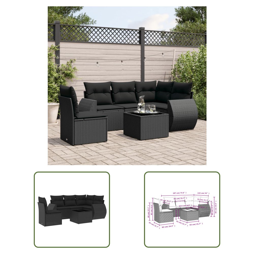 The Living Store 6-cz. zestaw mebli ogrodowych z poduszkami - czarny polirattan - Sofa Ogrodowa