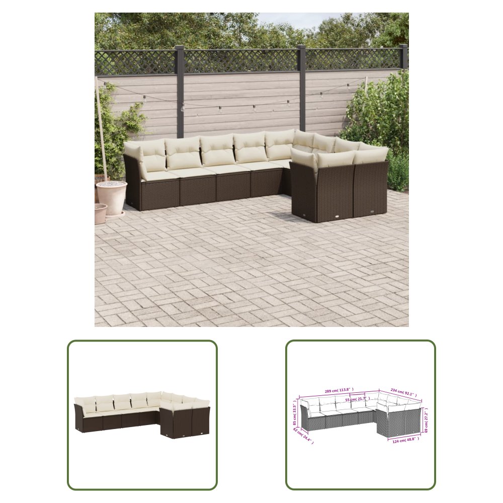 The Living Store 9-cz. zestaw mebli ogrodowych z poduszkami - brązowy - polirattan - Sofa Ogrodowa